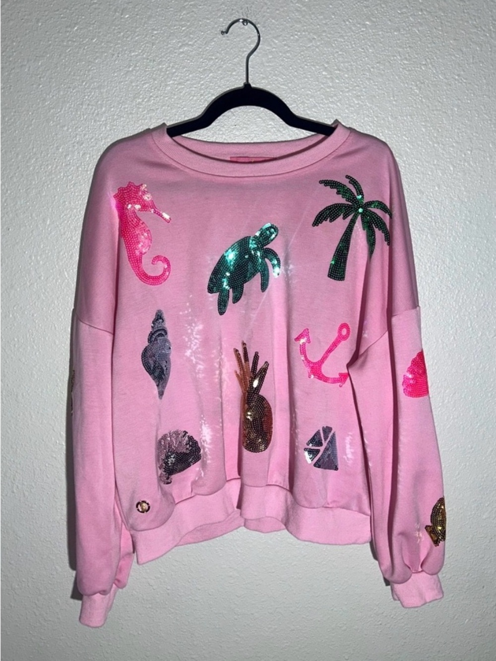 Simply Southern Pink Sequin Tropical Motif Sweatshirt and Short Set